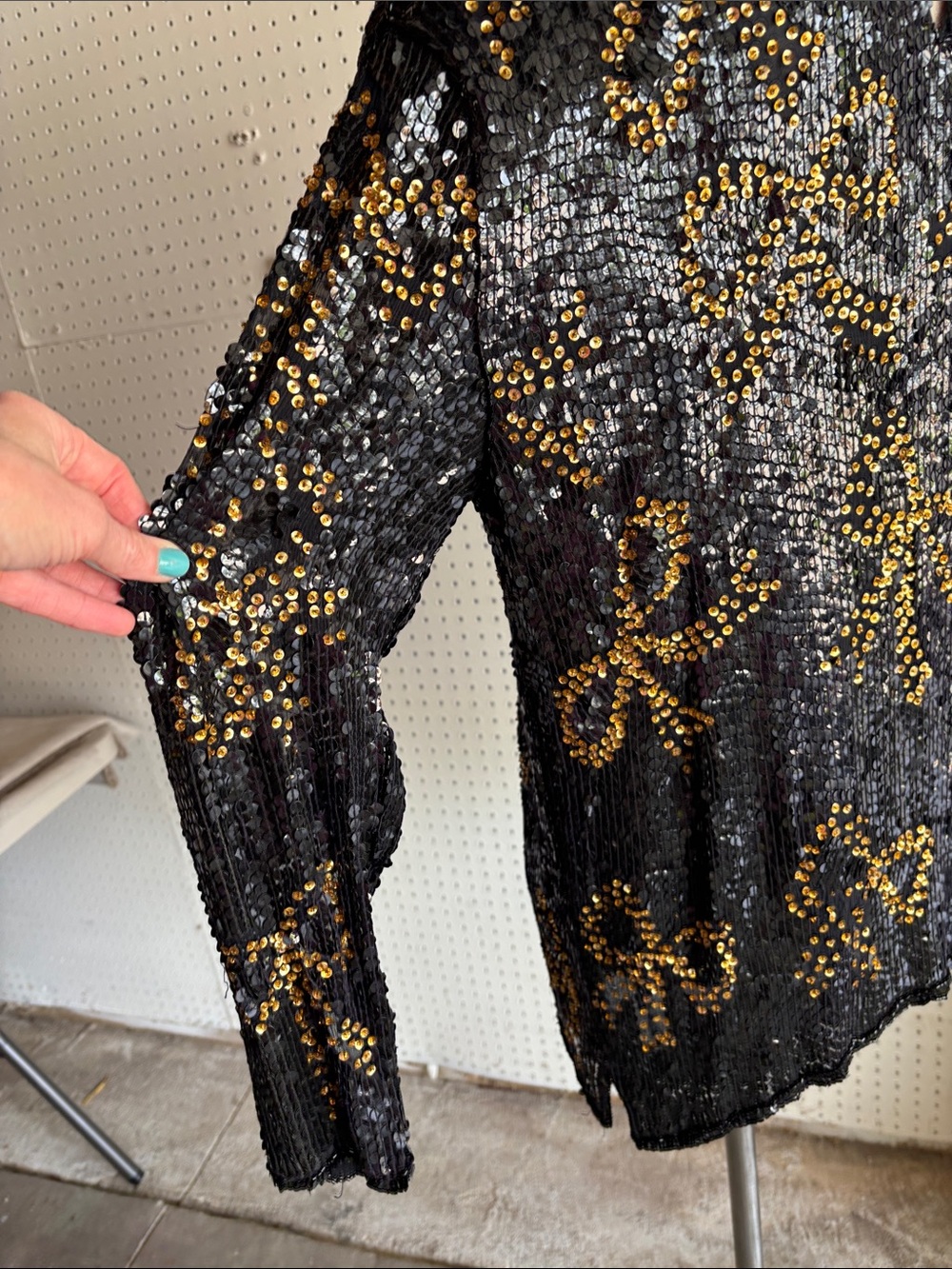 Vintage Black Sequin Blouse with Gold Stud Detailing - Picture 9 of 15